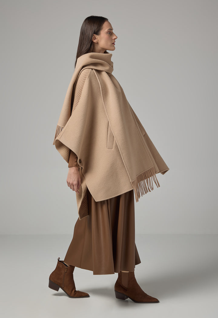 Choice Winter Wool Poncho With Non Detachable Scarf Beige