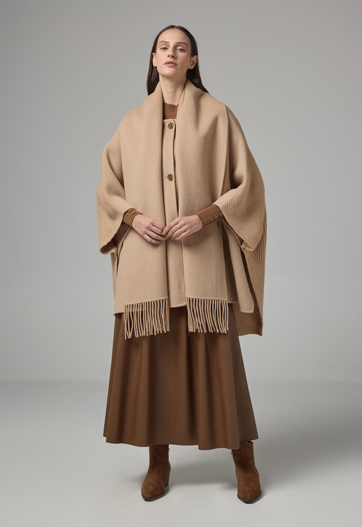 Choice Winter Wool Poncho With Non Detachable Scarf Beige