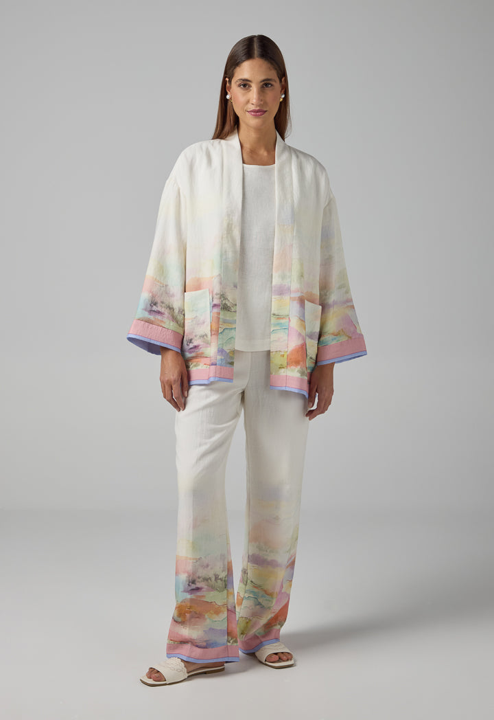 Choice Printed Front Pockets Belted Kimono  Multi Color