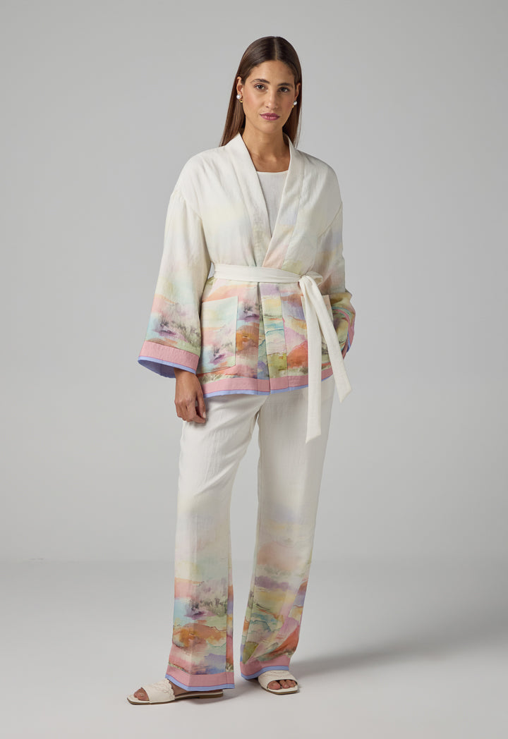 Choice Printed Front Pockets Belted Kimono  Multi Color