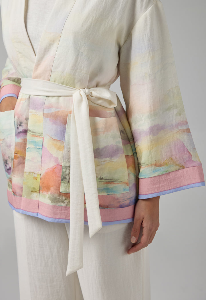 Choice Printed Front Pockets Belted Kimono  Multi Color