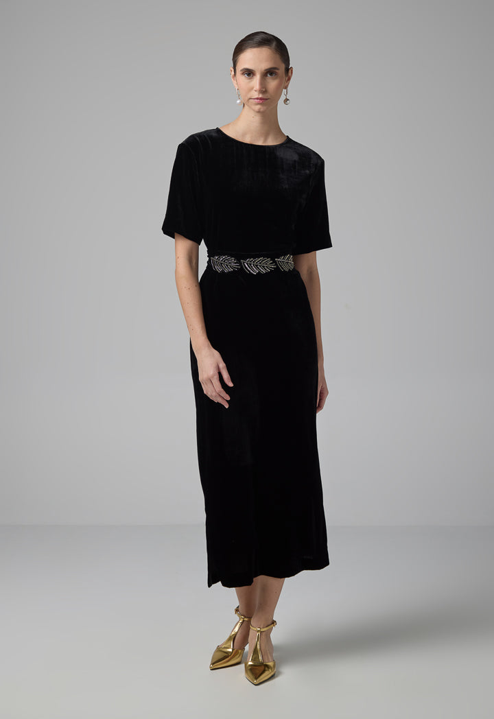 Choice Bead Embellished Velvet Dress Black