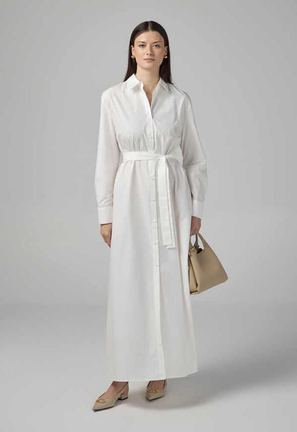 Choice Long Sleeve Basic Belted Shirt Dress Off White