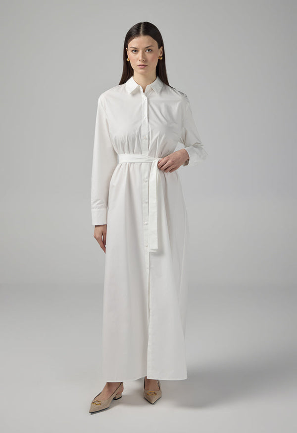 Choice Long Sleeve Basic Belted Shirt Dress Off White