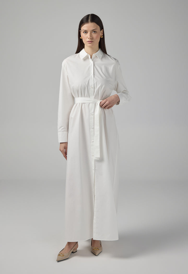 Choice Long Sleeve Basic Belted Shirt Dress Off White
