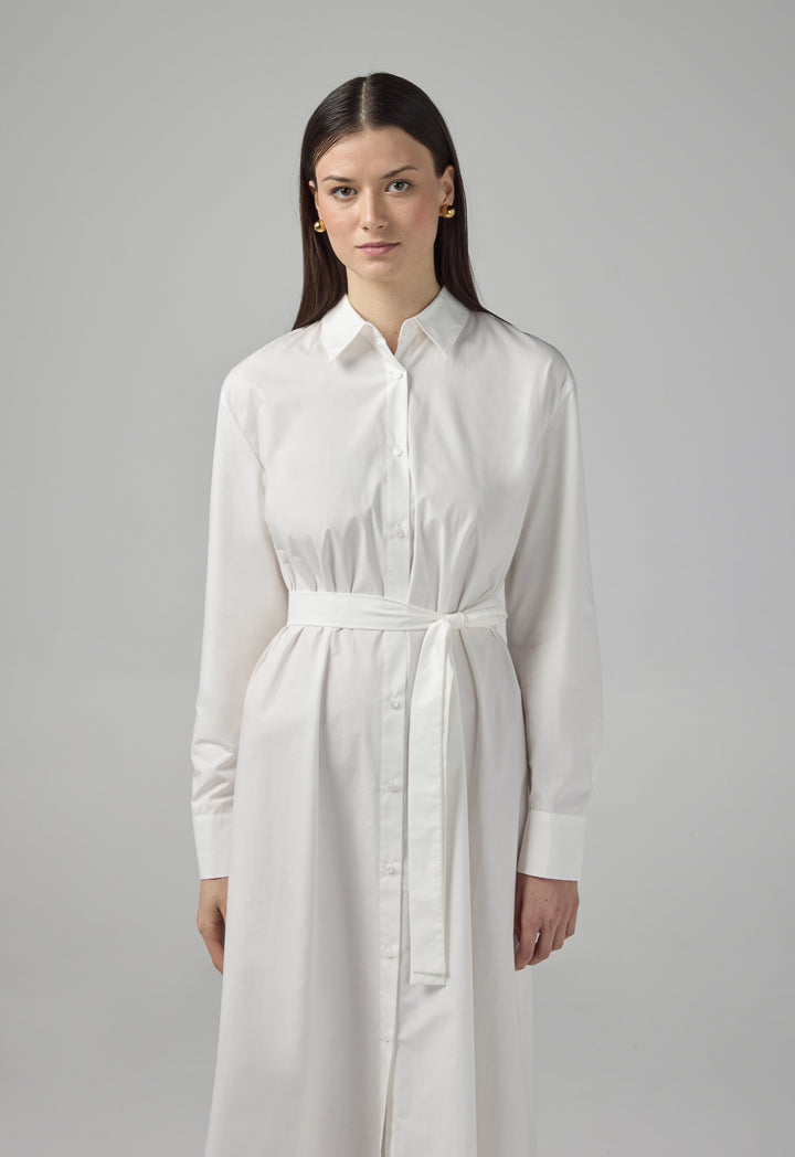 Choice Long Sleeve Basic Belted Shirt Dress Off White