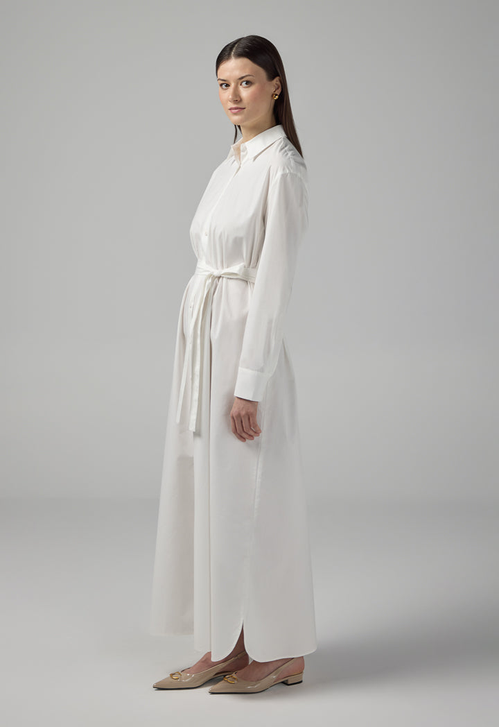 Choice Long Sleeve Basic Belted Shirt Dress Off White