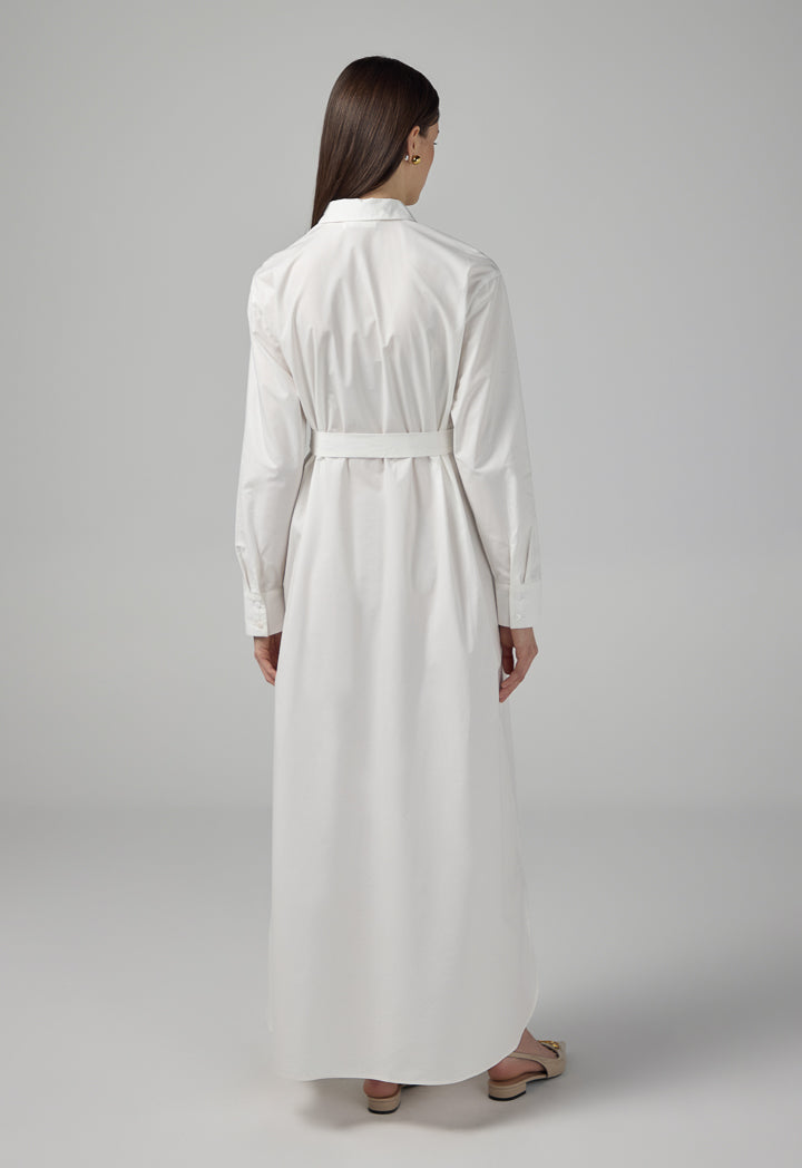 Choice Long Sleeve Basic Belted Shirt Dress Off White