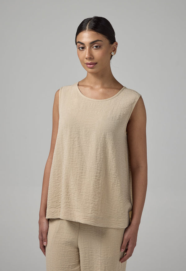 Choice Solid Sleeveless Crinkled Top Beige