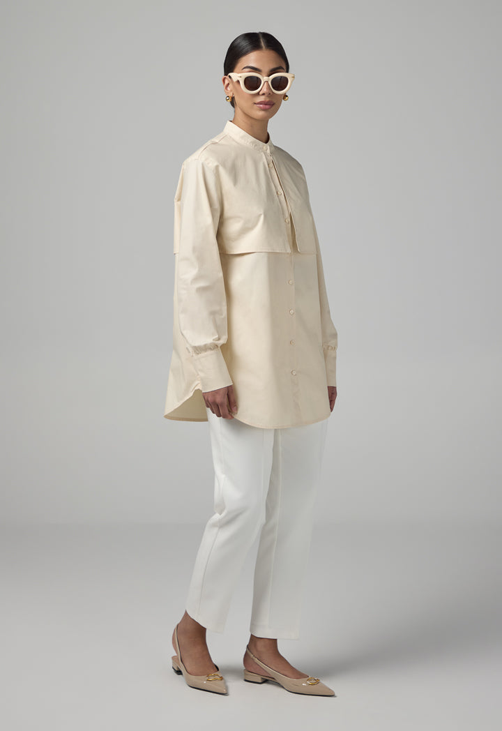 Choice Mandarin Collar Basic Shirt  Beige