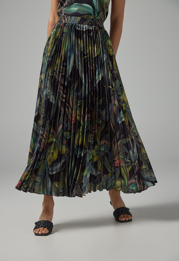 Choice Printed Pleated Flared Skirt Multi Color