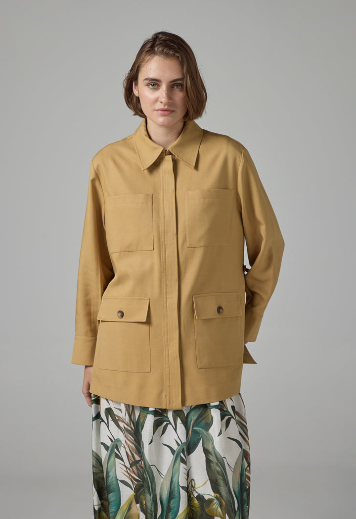 Choice Solid Multi-Front Pockets Jacket Camel