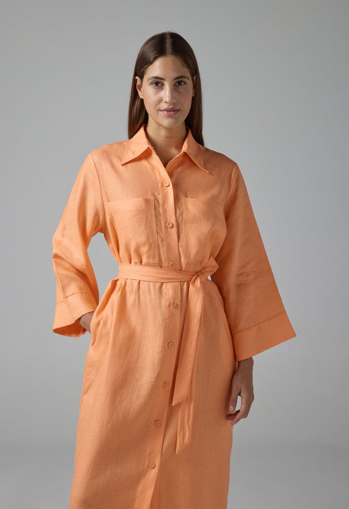 Choice Solid Front Pockets Belted Shirt Dress Orange