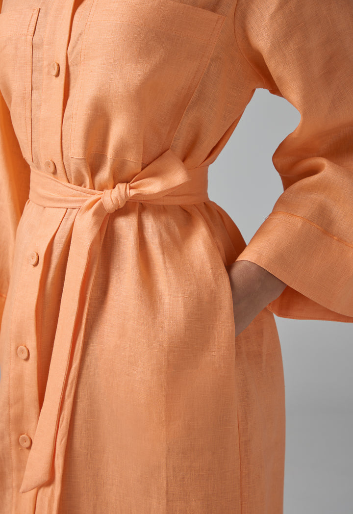 Choice Solid Front Pockets Belted Shirt Dress Orange