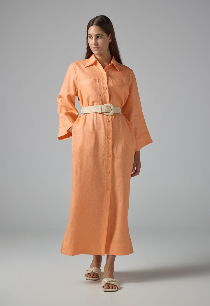 Choice Solid Front Pockets Belted Shirt Dress Orange