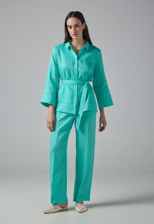 Choice Long Sleeves Basic Belted Shirt Turquoise