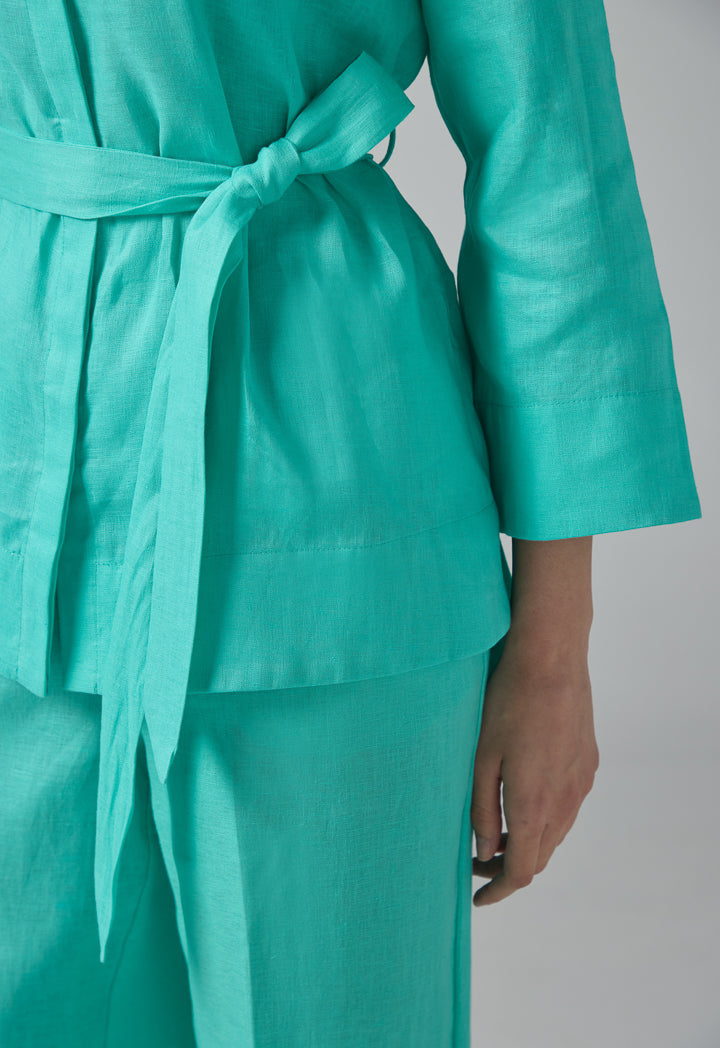 Choice Long Sleeves Basic Belted Shirt Turquoise