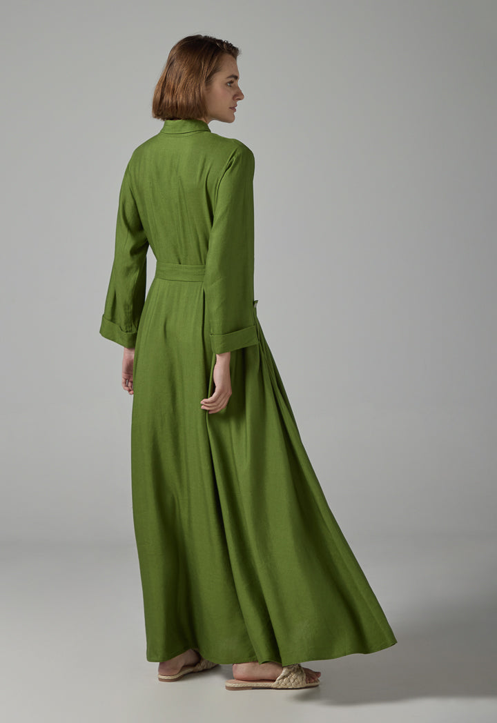 Choice Solid Flared Belted Maxi Dress Green