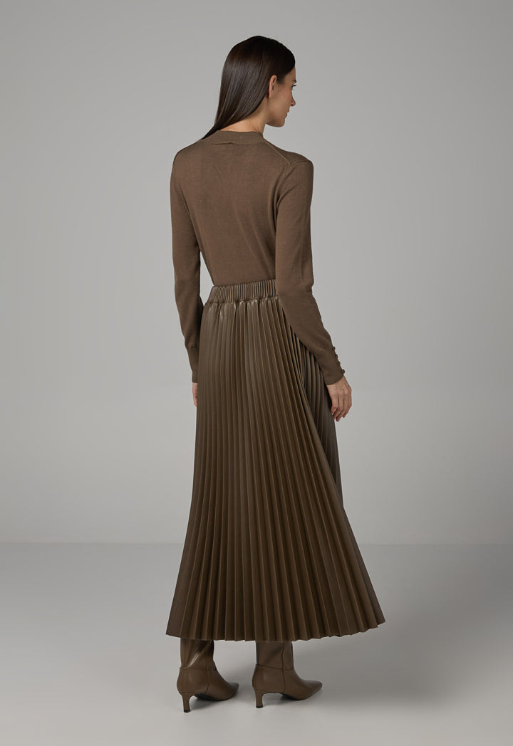 Choice Pleated Pu Leather Solid Skirt Brown