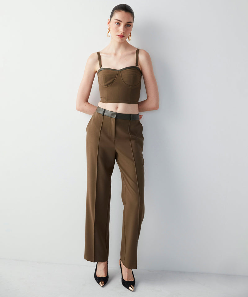 Ipekyol Leather Mix Straight Fit Trousers
 Khaki