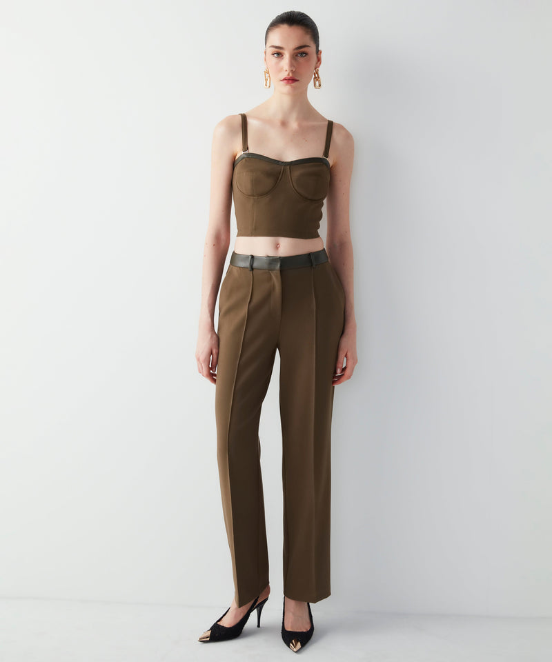 Ipekyol Leather Mix Straight Fit Trousers
 Khaki