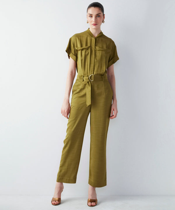 Ipekyol Solid Short Sleeve Belted Jumpsuit Olive