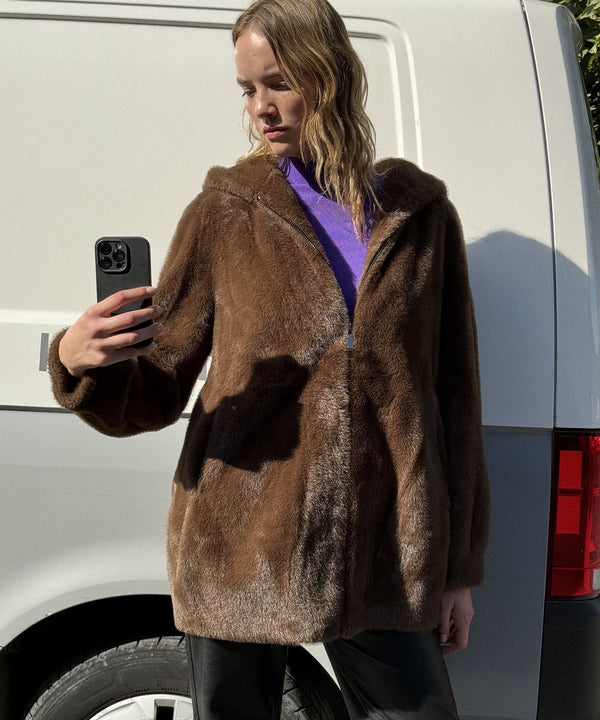 Ipekyol Hooded Faux Fur Jacket Brown