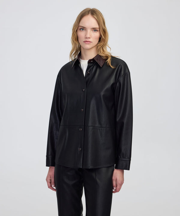 Ipekyol Contrast Collar Leather-Effect Shirt  Black