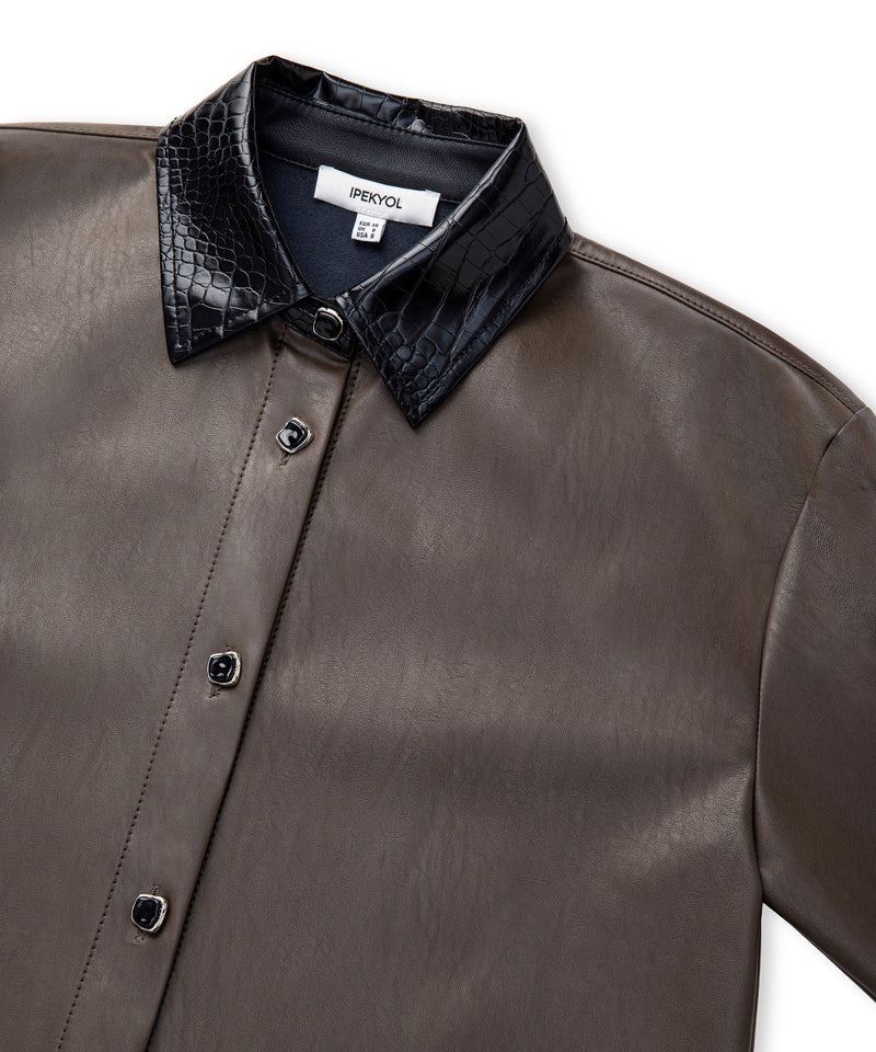 Ipekyol Contrast Collar Leather-Effect Shirt  Brown