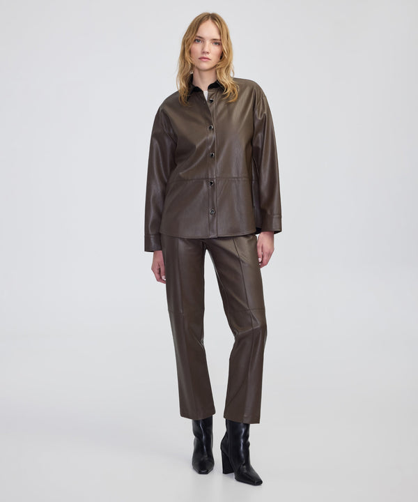 Ipekyol Contrast Collar Leather-Effect Shirt  Brown