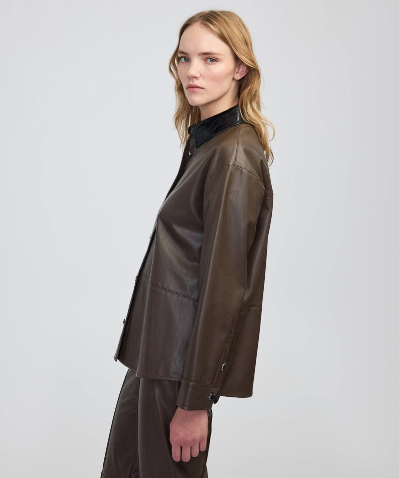 Ipekyol Contrast Collar Leather-Effect Shirt  Brown