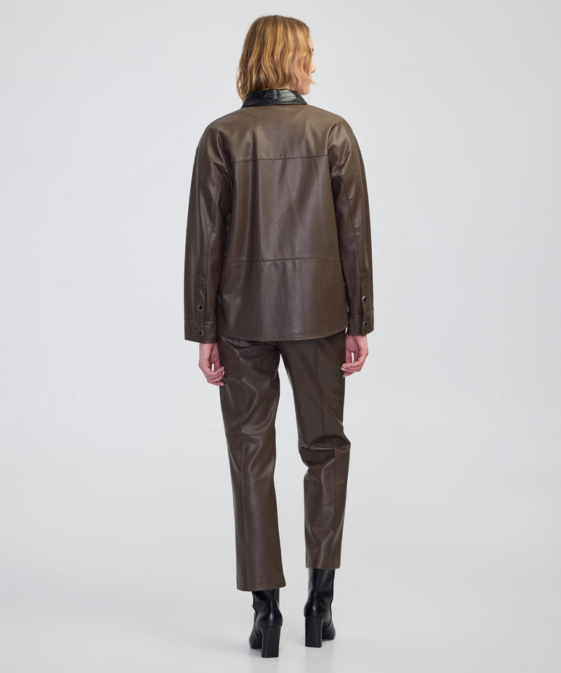 Ipekyol Contrast Collar Leather-Effect Shirt  Brown