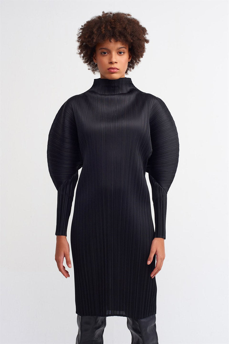 Nu Detailed Sleeve Pleated Dress Black