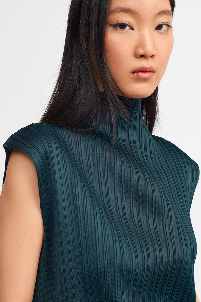 NU Electric Pleated High Neck Solid Top Petrol