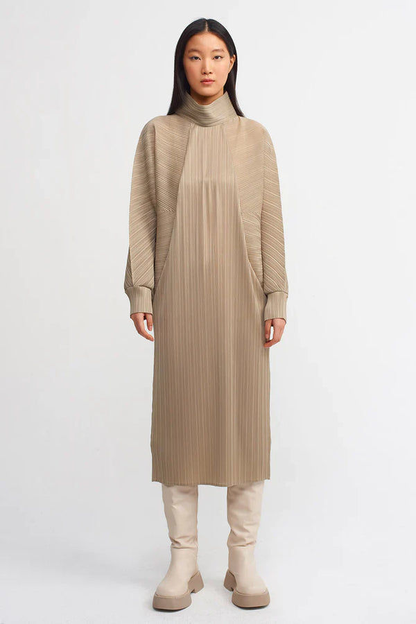 Nu Evenly Pleated Wide Sleeve Dress Bronze