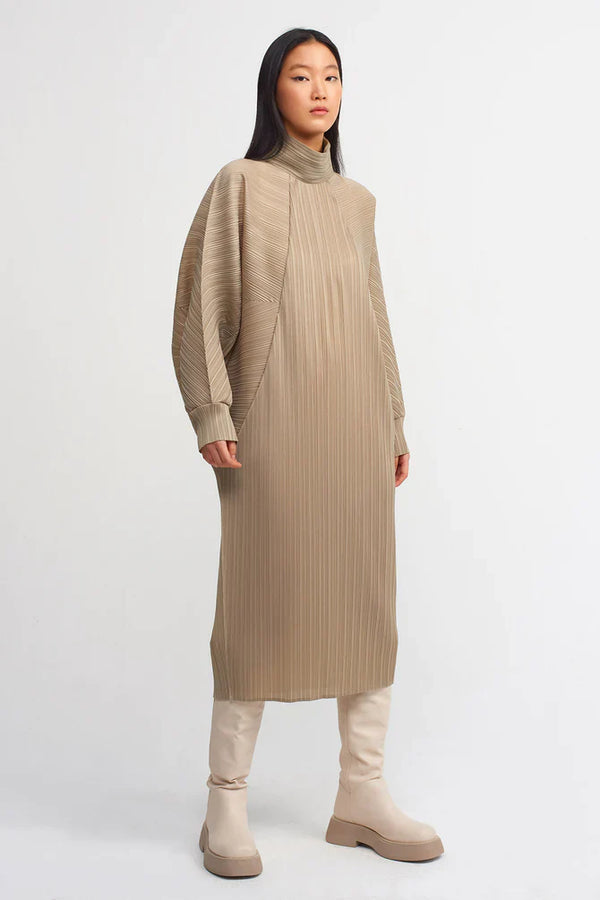 Nu Evenly Pleated Wide Sleeve Dress Bronze