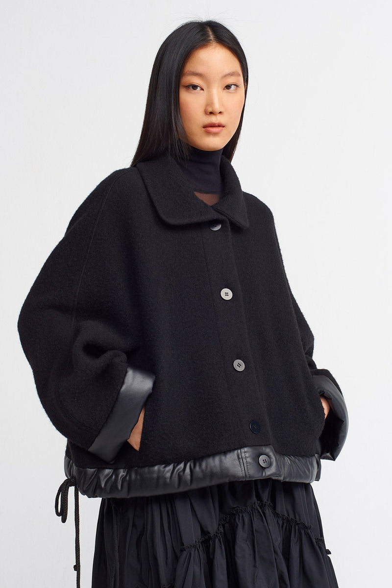 Nu Woolen Loose Jacket With Hem Strings Black