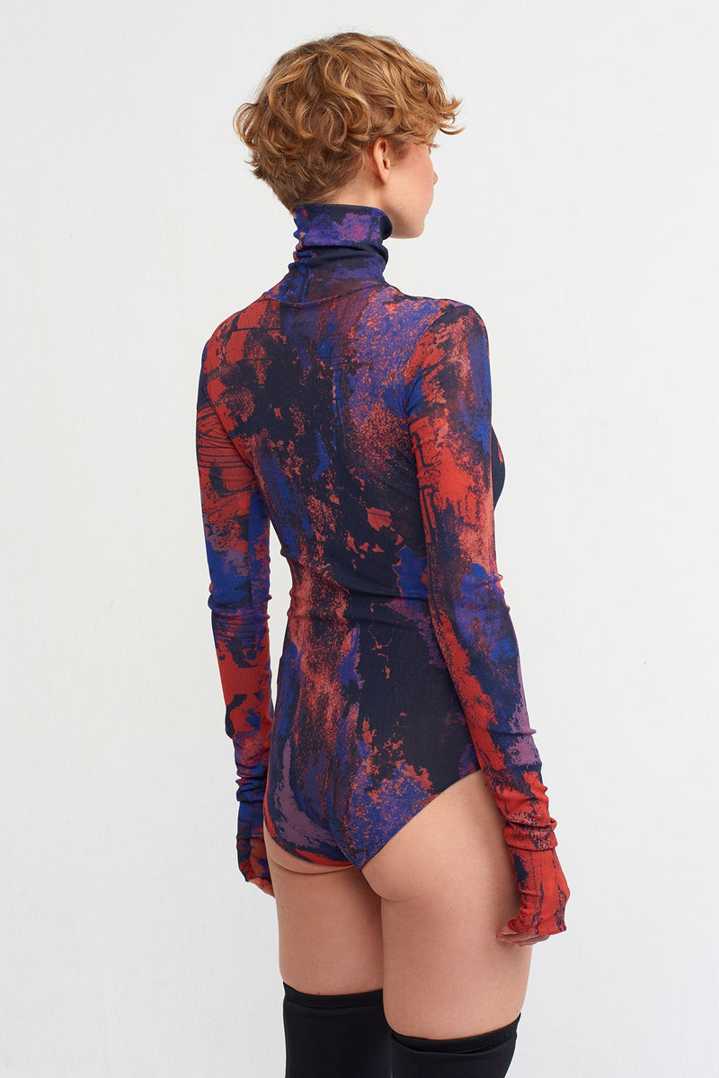 Nu Printed Turtleneck Mesh Bodysuit Red