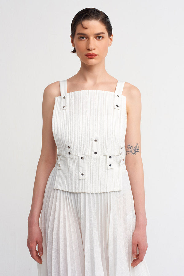 Nu Snap Button Pleated Blouse Off White