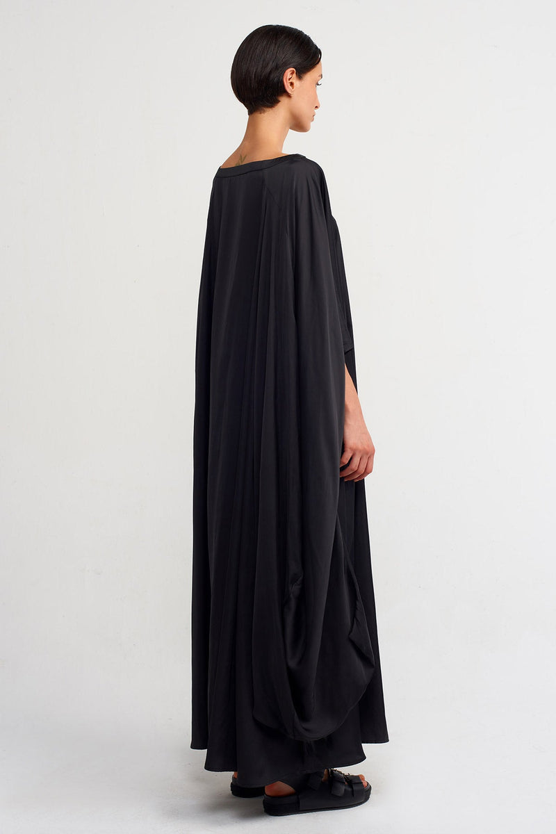 Nu Wide Collar Flowy Satin Dress Black