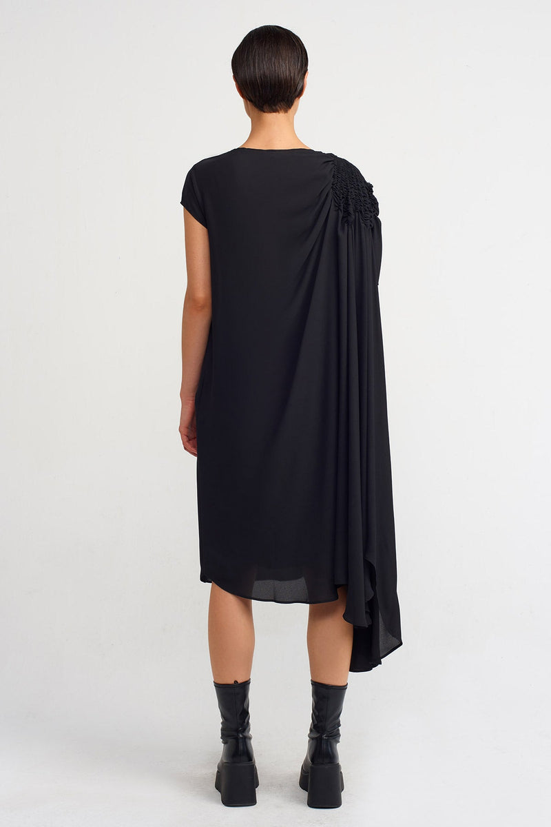 Nu Elastic Gathered Sleeve Stylish Dress Black