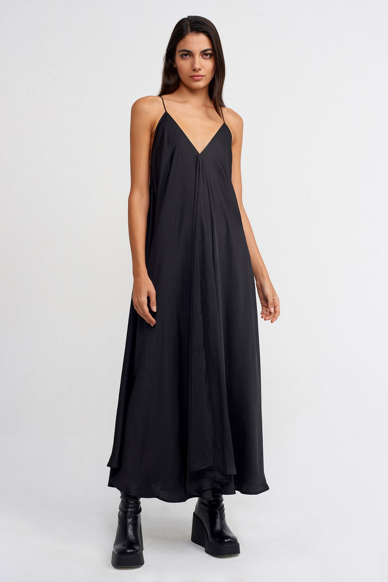 Nu Thin-Strap Satin Long Dress Black