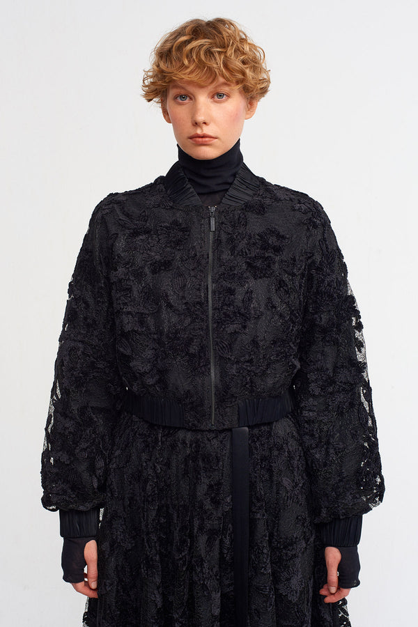 Nu Lace Embroidered Bomber Jacket Black