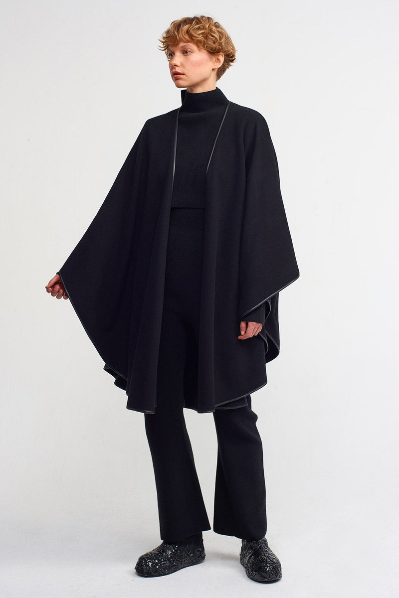 Nu Piping Detailed Wool Poncho Black