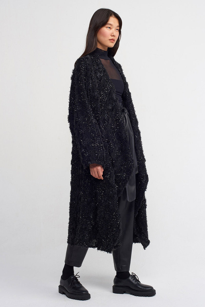 Nu Fur Detail Midi Coat Black