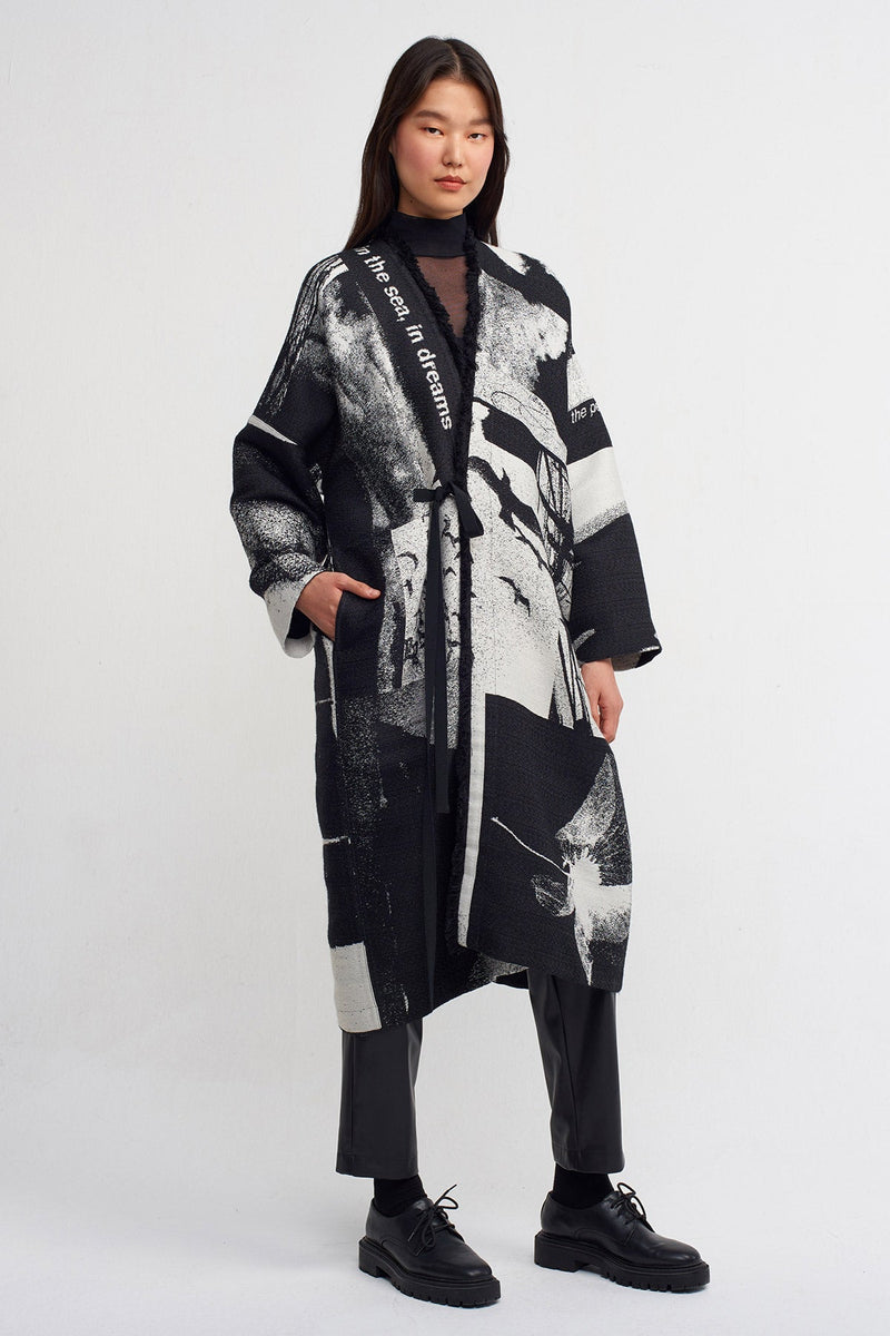 Nu Print Pattern Kimono Coat Black