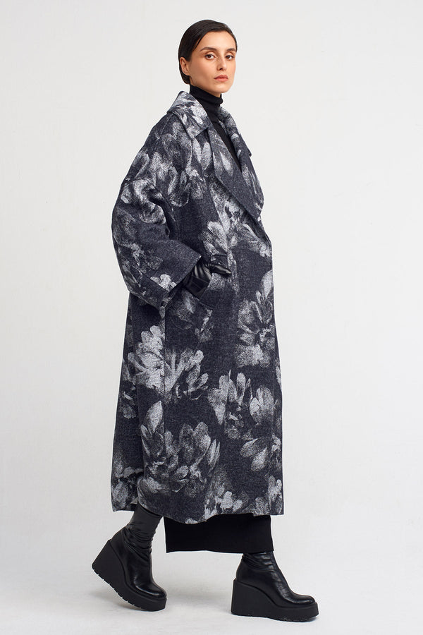 Nu Floral Print Stylish Coat Dark Grey Melange