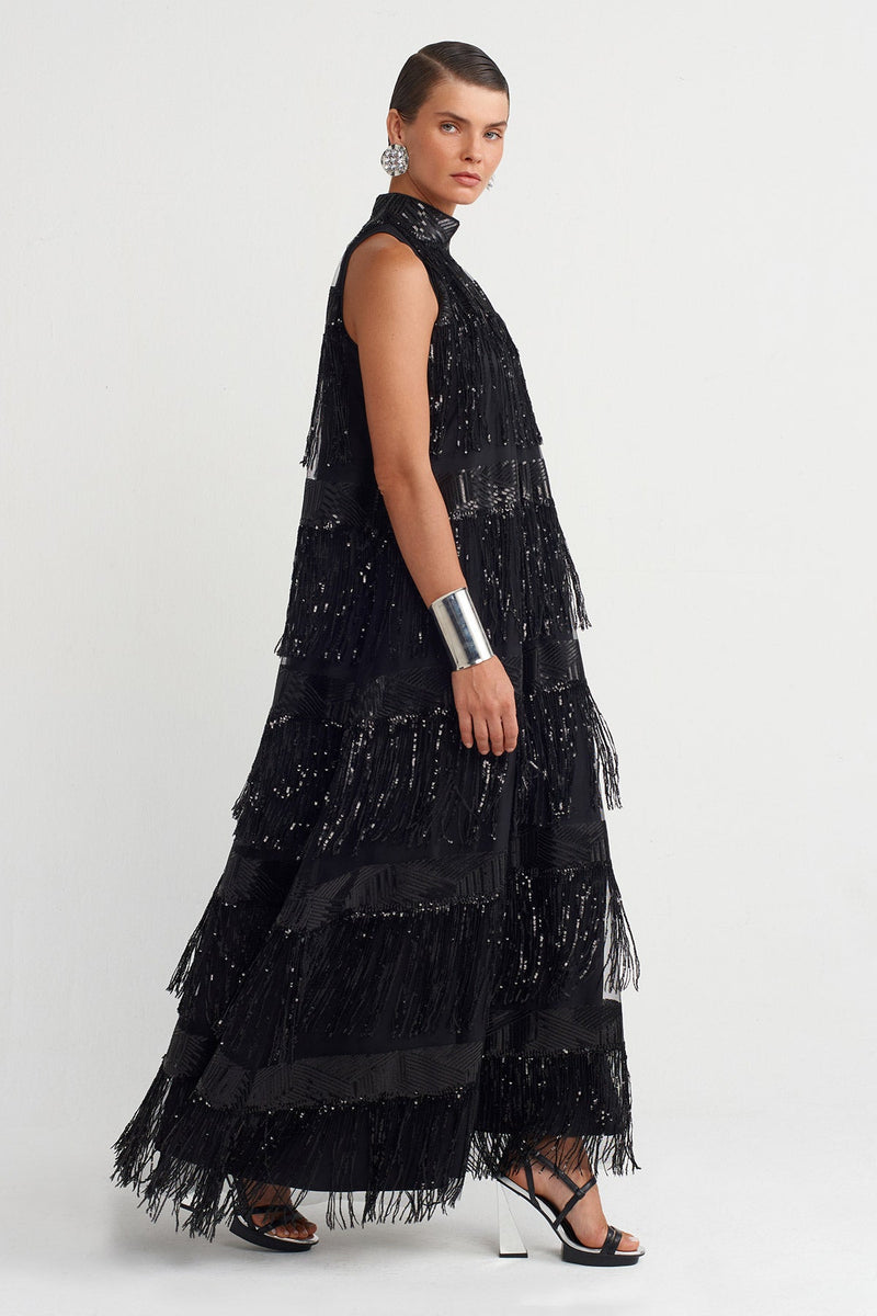 Nu Beaded Fringe Long Dress Black