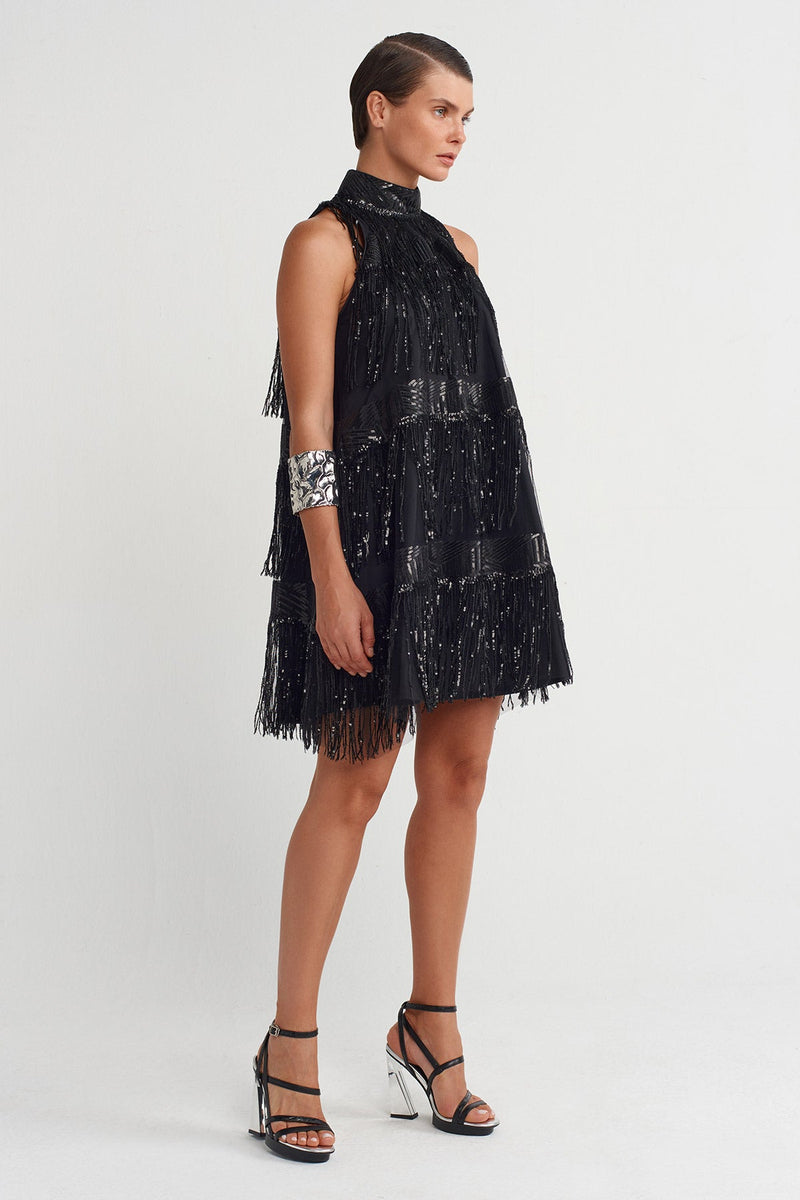 Nu Beaded Fringe Mini Dress Black