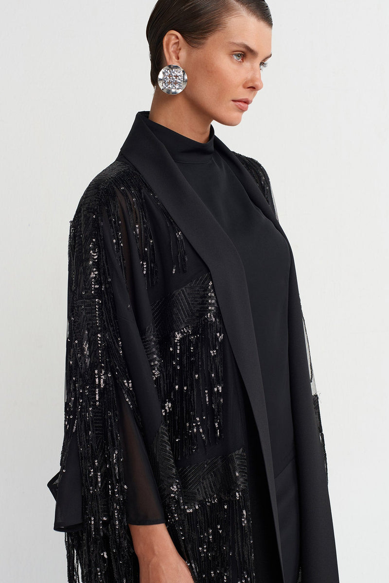 Nu Beaded Fringe Long Kimono Black